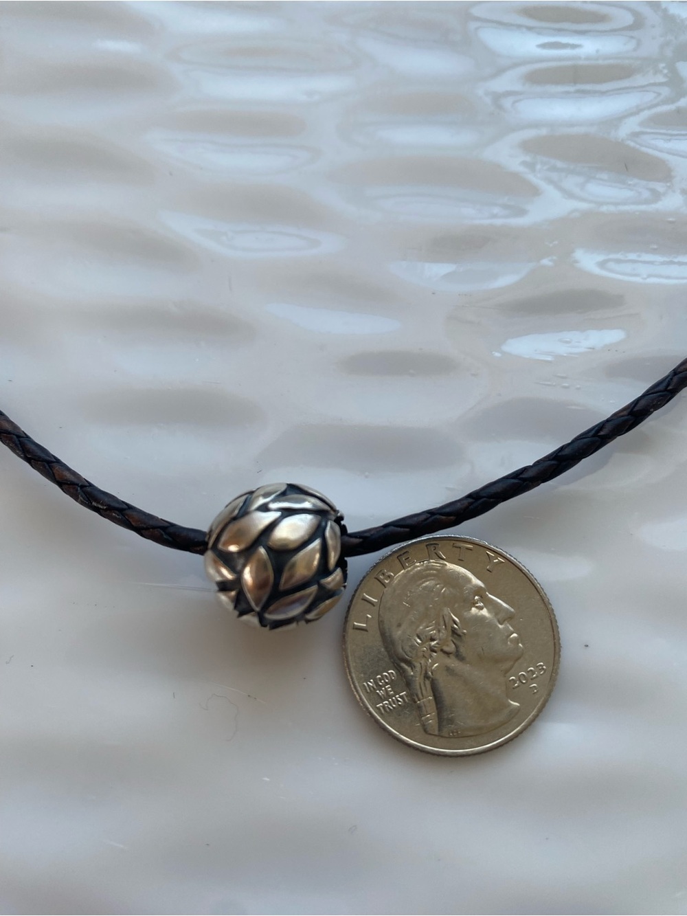 Sterling Silver Filigree Bead on Brown  Braided Cord Necklace - Picture 4 of 9